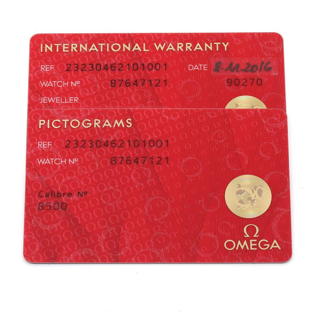 The image shows International Warranty and Pictogram cards for the Omega Planet Ocean 232.30.46.21.01.001 Men
s Stainless Steel Black Dial 232.30.46.21.01.001 Men
s Stainless Steel Black Dial model, displaying watch details and reference numbers.