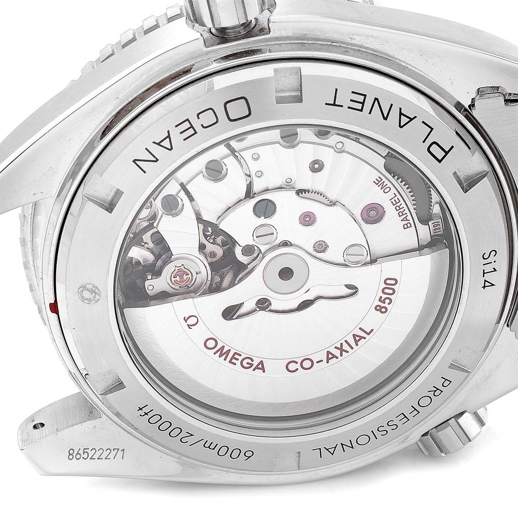 The image shows the back view of the Omega Planet Ocean 232.30.46.21.01.001 Men
s Stainless Steel Black Dial 232.30.46.21.01.001 Men
s Stainless Steel Black Dial watch, revealing the Co-Axial 8500 movement.