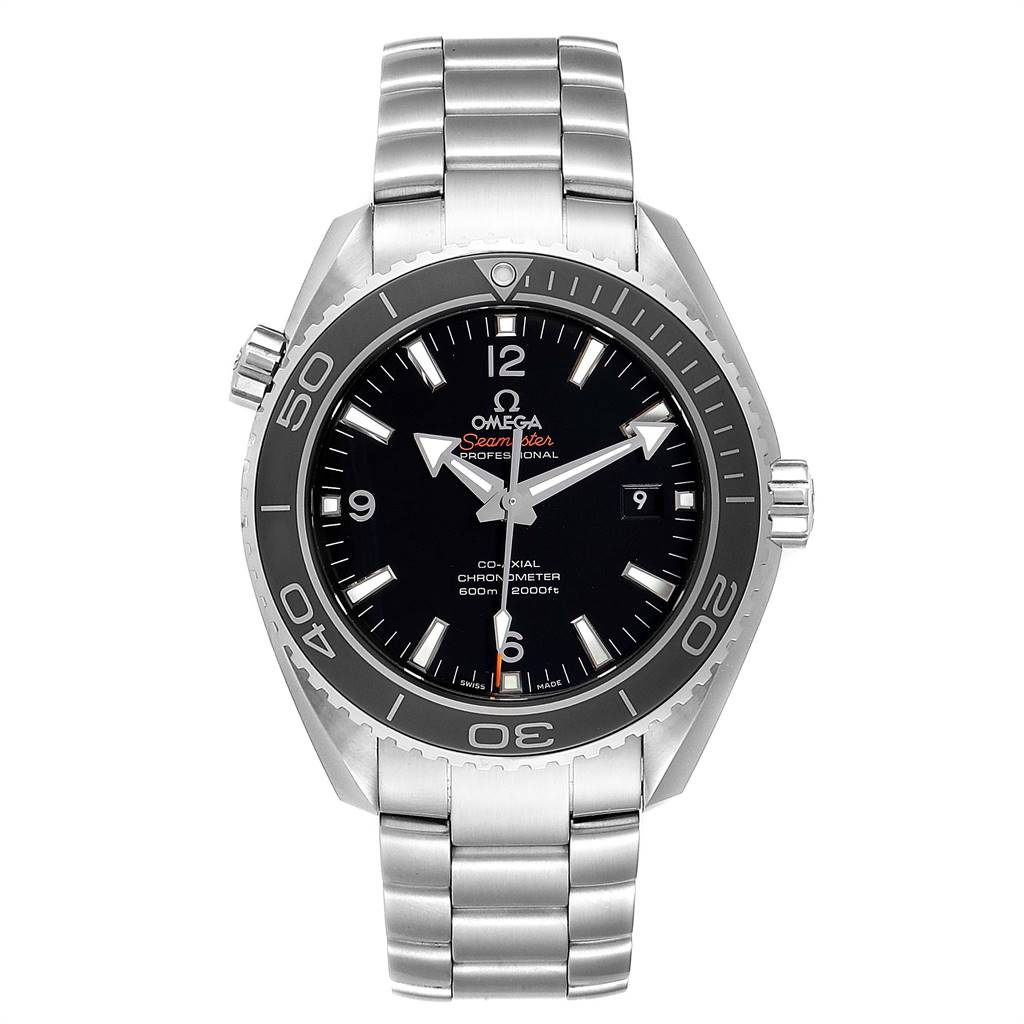 The image shows a front view of the Omega Planet Ocean 232.30.46.21.01.001 Men
s Stainless Steel Black Dial 232.30.46.21.01.001 Men
s Stainless Steel Black Dial model, highlighting its dial, bezel, crown, and stainless steel bracelet.