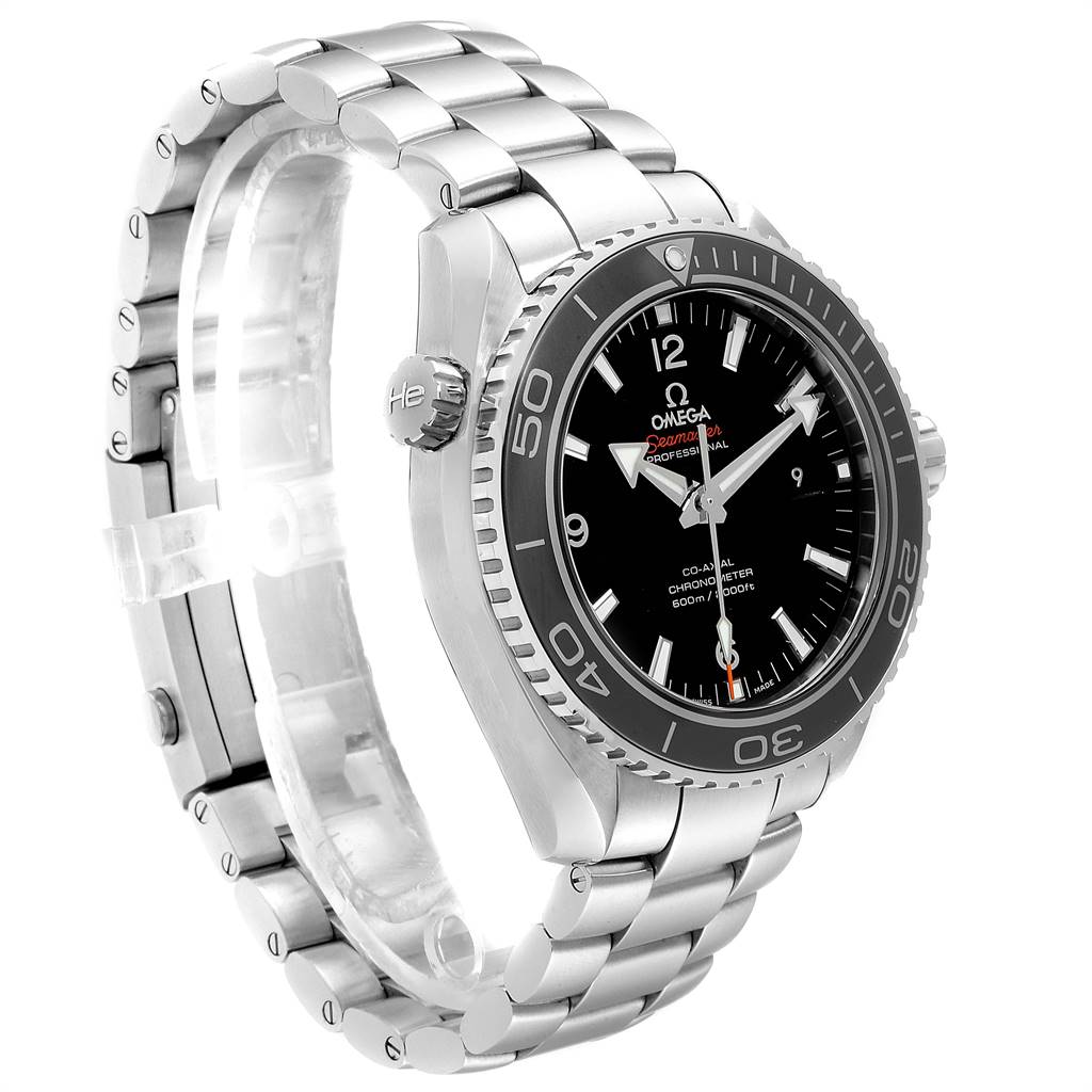 The image shows an Omega Planet Ocean 232.30.46.21.01.001 Men
s Stainless Steel Black Dial 232.30.46.21.01.001 Men
s Stainless Steel Black Dial watch from a side angle, highlighting the bracelet, bezel, face, and Helium Escape Valve (He).