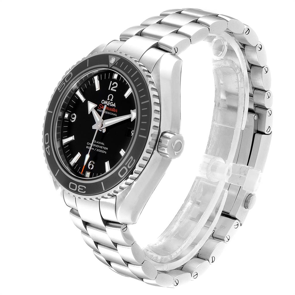 The Omega Planet Ocean 232.30.46.21.01.001 Men
s Stainless Steel Black Dial 232.30.46.21.01.001 Men
s Stainless Steel Black Dial watch is shown at a three-quarter angle, highlighting its black bezel, dial, and stainless steel bracelet.