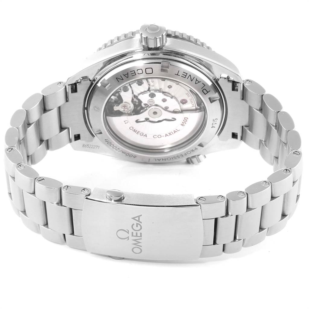 The image shows the back view of the Omega Planet Ocean 232.30.46.21.01.001 Men
s Stainless Steel Black Dial 232.30.46.21.01.001 Men
s Stainless Steel Black Dial watch, highlighting the transparent case back with visible movement and bracelet clasp.