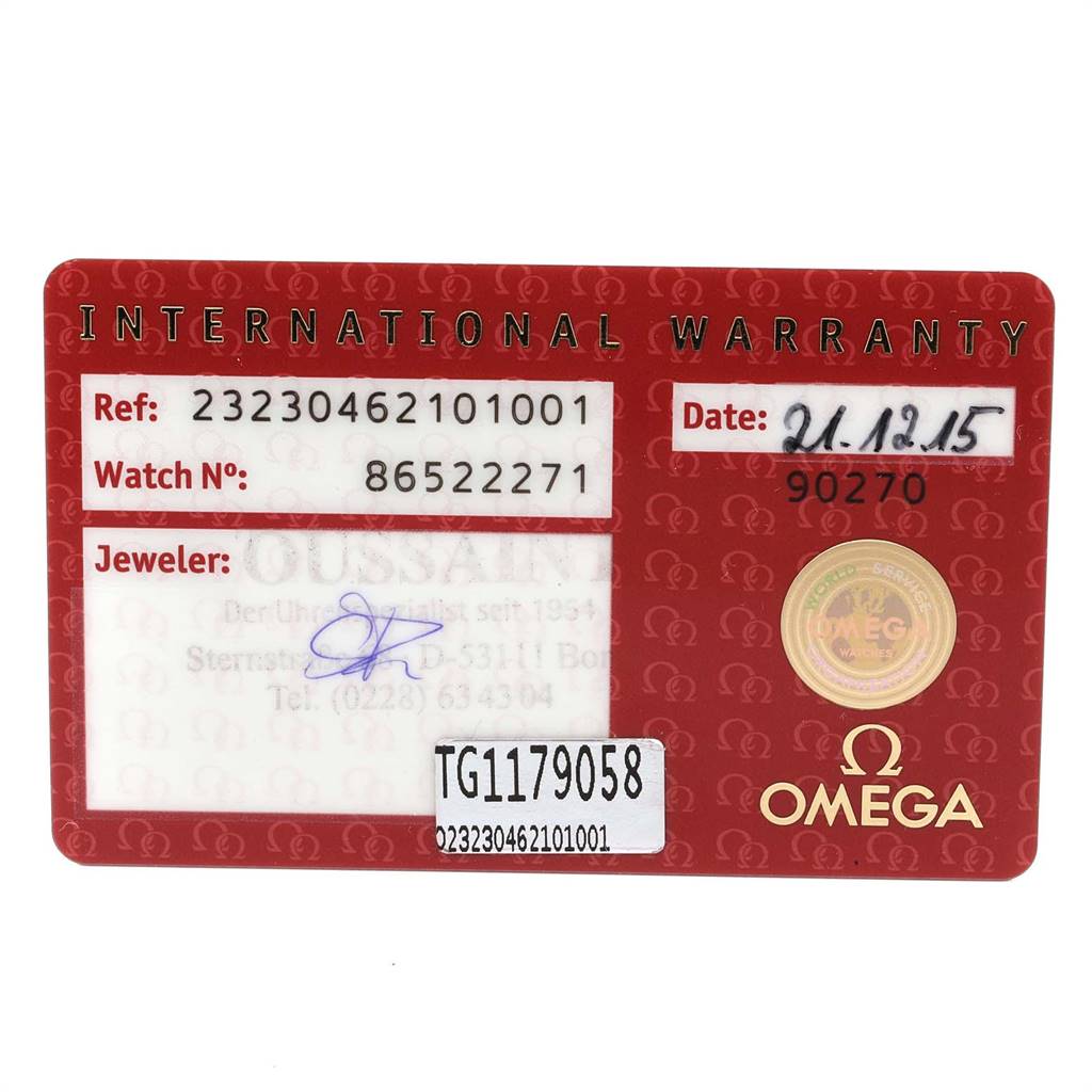 The image shows an international warranty card for the Omega Planet Ocean 232.30.46.21.01.001 Men
s Stainless Steel Black Dial 232.30.46.21.01.001 Men
s Stainless Steel Black Dial model watch.