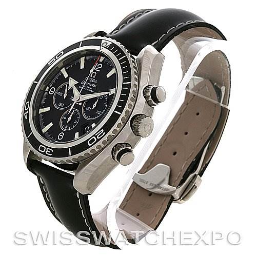 This is an angled view of the Omega Planet Ocean 2910.50.81 Men
s Stainless Steel Black Dial 2910.50.81 Men
s Stainless Steel Black Dial watch, showing the dial, bezel, crown, pushers, and black leather strap.