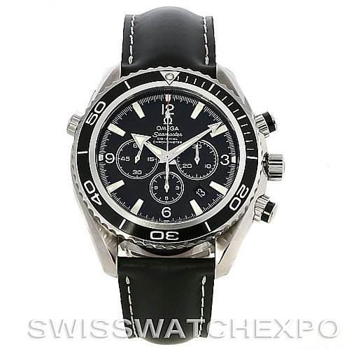 The image shows a frontal view of an Omega Planet Ocean 2910.50.81 Men
s Stainless Steel Black Dial 2910.50.81 Men
s Stainless Steel Black Dial watch with a black dial, bezel, and leather strap.