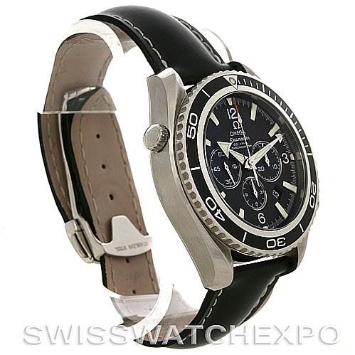 The image shows a side and angled view of the Omega Planet Ocean 2910.50.81 Men
s Stainless Steel Black Dial 2910.50.81 Men
s Stainless Steel Black Dial watch, displaying the case, bezel, crown, dial, and leather strap.