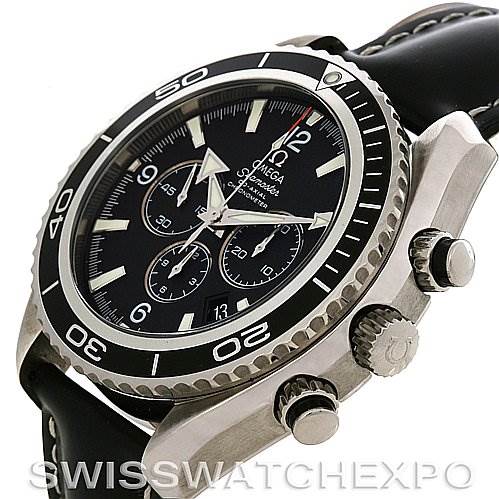 The image shows an angled view of the Omega Planet Ocean 2910.50.81 Men
s Stainless Steel Black Dial 2910.50.81 Men
s Stainless Steel Black Dial watch, highlighting the bezel, dial, and crown.