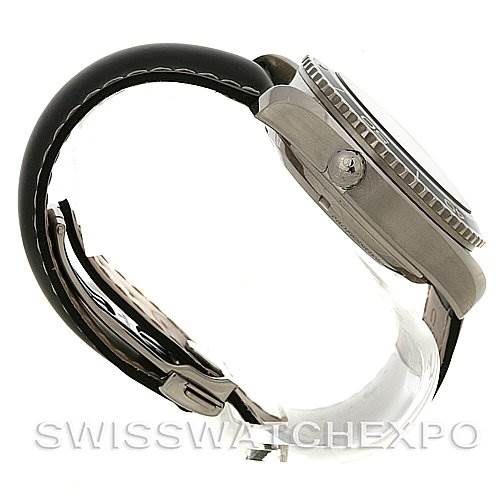 The image shows a side view of an Omega Planet Ocean 2910.50.81 Men
s Stainless Steel Black Dial 2910.50.81 Men
s Stainless Steel Black Dial watch, highlighting its bezel, crown, case, and strap.