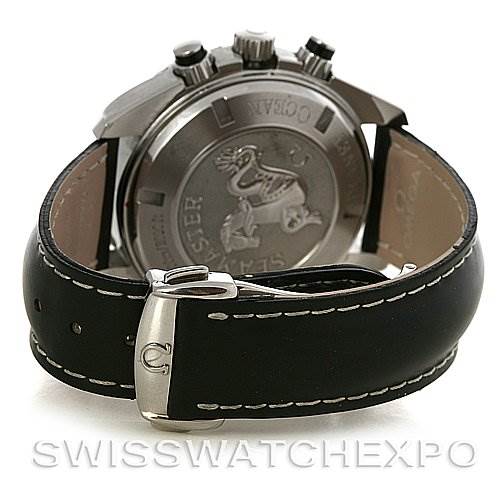 The image shows the back case and strap of the Omega Planet Ocean 2910.50.81 Men
s Stainless Steel Black Dial 2910.50.81 Men
s Stainless Steel Black Dial watch, highlighting the leather strap and clasp.