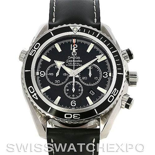 The image shows a front view of the Omega Seamaster Planet Ocean Chronograph watch, including the bezel, dial, and strap.