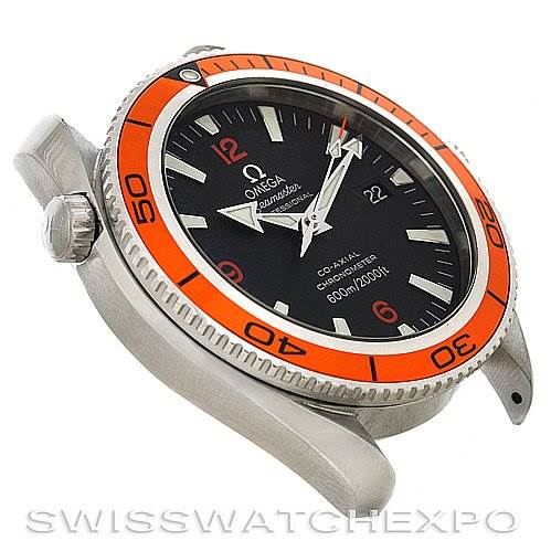 This image shows the Omega Planet Ocean 2909.50.38 OR 29095038 Men's Stainless Steel Black Dial 2909.50.38 OR 29095038 Men's Stainless Steel Black Dial watch from a side angle, highlighting the bezel, crown, and watch face.