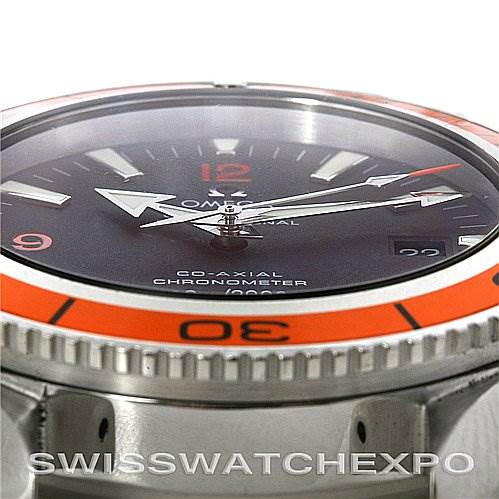 The image shows a close-up of the Omega Planet Ocean 2909.50.38 OR 29095038 Men's Stainless Steel Black Dial 2909.50.38 OR 29095038 Men's Stainless Steel Black Dial watch from a side angle, highlighting the bezel and part of the face.