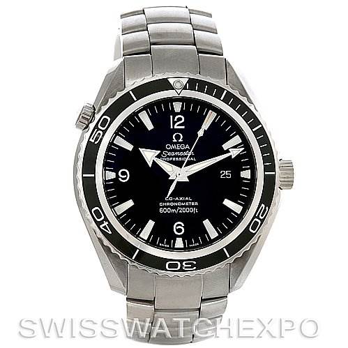 The image shows a front view of the Omega Planet Ocean 2200.50 Men's Stainless Steel Black Dial 2200.50 Men's Stainless Steel Black Dial watch, displaying the face, bezel, crown, and stainless steel bracelet.