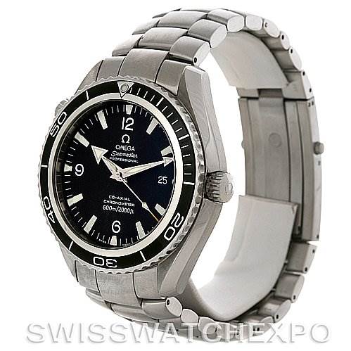 The image shows the Omega Planet Ocean 2200.50 Men's Stainless Steel Black Dial 2200.50 Men's Stainless Steel Black Dial watch at a three-quarter angle, highlighting the face, bezel, crown, and part of the bracelet.
