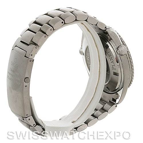 The image shows the back and side of an Omega Planet Ocean 2200.50 Men's Stainless Steel Black Dial 2200.50 Men's Stainless Steel Black Dial watch, highlighting the bracelet and case back.