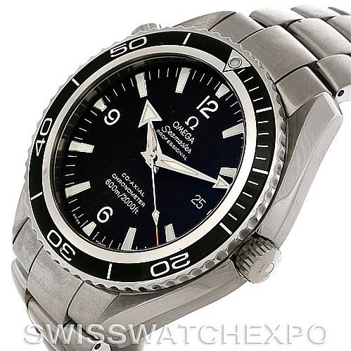 This image shows the Omega Planet Ocean 2200.50 Men's Stainless Steel Black Dial 2200.50 Men's Stainless Steel Black Dial watch from an oblique angle, highlighting its face, bezel, crown, and bracelet.