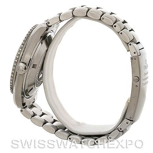 The image shows a side view of the Omega Planet Ocean 2200.50 Men's Stainless Steel Black Dial 2200.50 Men's Stainless Steel Black Dial watch, highlighting its stainless steel bracelet and clasp.