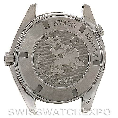 The image shows the back case of an Omega Planet Ocean 2200.50 Men's Stainless Steel Black Dial 2200.50 Men's Stainless Steel Black Dial watch, highlighting the "Seamaster" engraving and Neptune symbol.