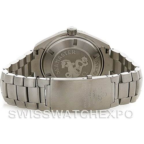 The image shows the back case and bracelet of an Omega Planet Ocean 2200.50 Men's Stainless Steel Black Dial 2200.50 Men's Stainless Steel Black Dial watch from a rear angle.