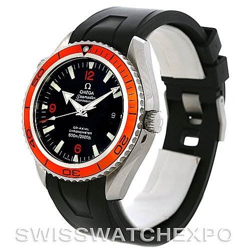 The image shows an Omega Planet Ocean 2908.50.91 Men's Stainless Steel Black Dial 2908.50.91 Men's Stainless Steel Black Dial watch at a three-quarter angle, highlighting the bezel, dial, and rubber strap.