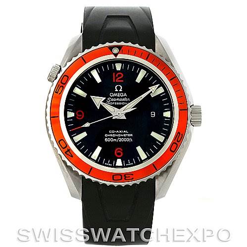 The image shows a front view of the Omega Planet Ocean 2908.50.91 Men's Stainless Steel Black Dial 2908.50.91 Men's Stainless Steel Black Dial model watch, highlighting its bezel, dial, and strap.