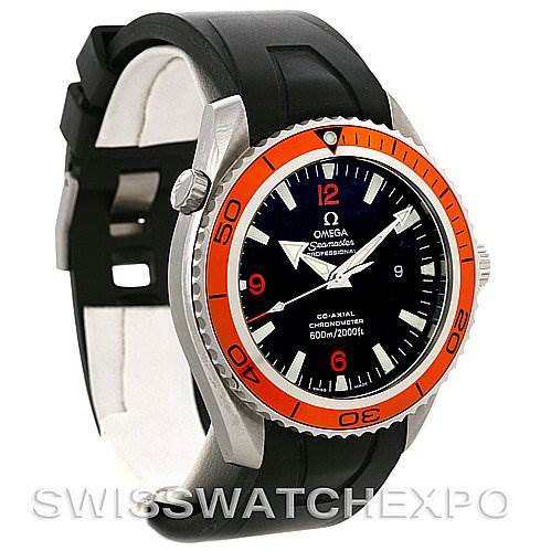 The image shows the Omega Planet Ocean 2908.50.91 Men's Stainless Steel Black Dial 2908.50.91 Men's Stainless Steel Black Dial model watch from an angled view, displaying the bezel, dial, strap, and lugs.