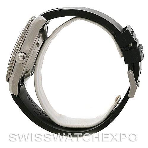 The Omega Planet Ocean 2908.50.91 Men's Stainless Steel Black Dial 2908.50.91 Men's Stainless Steel Black Dial watch is shown from the side angle, displaying the case, bezel, crown, and strap.