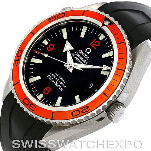 The Omega Planet Ocean 2908.50.91 Men's Stainless Steel Black Dial 2908.50.91 Men's Stainless Steel Black Dial watch is shown from an angled side view, highlighting the orange bezel, black dial, and crown.