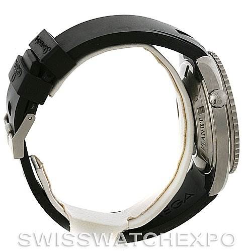 The image shows a side view of the Omega Planet Ocean 2908.50.91 Men's Stainless Steel Black Dial 2908.50.91 Men's Stainless Steel Black Dial watch, focusing on the casing, bezel, crown, and rubber strap.