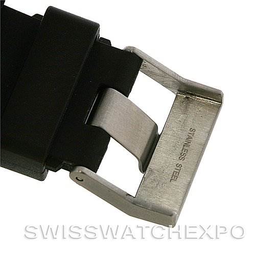 The image shows the buckle and part of the strap of an Omega Planet Ocean 2908.50.91 Men's Stainless Steel Black Dial 2908.50.91 Men's Stainless Steel Black Dial model, focusing on the stainless steel clasp.