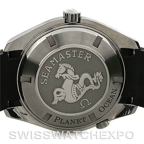 This is the back view of an Omega Planet Ocean 2908.50.91 Men's Stainless Steel Black Dial 2908.50.91 Men's Stainless Steel Black Dial watch, showing the case back with the Seamaster engraving and emblem.