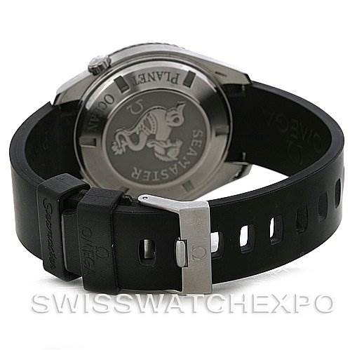 The image shows the back case and rubber strap of the Omega Planet Ocean 2908.50.91 Men's Stainless Steel Black Dial 2908.50.91 Men's Stainless Steel Black Dial watch, emphasizing the embossed logo and buckle.