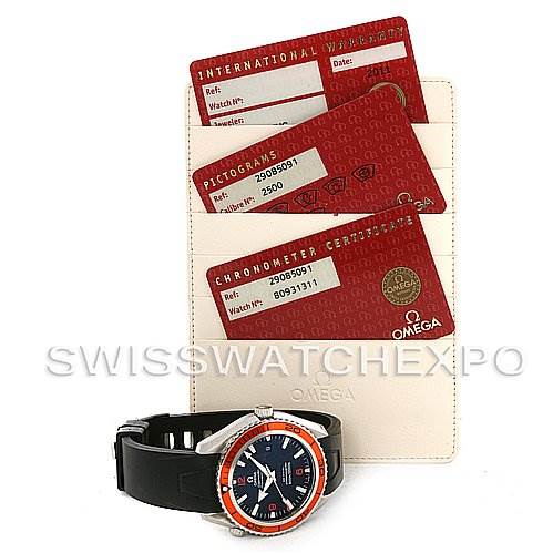 The Omega Planet Ocean 2908.50.91 Men's Stainless Steel Black Dial 2908.50.91 Men's Stainless Steel Black Dial watch is shown at an angle with warranty and certification cards displayed behind it.