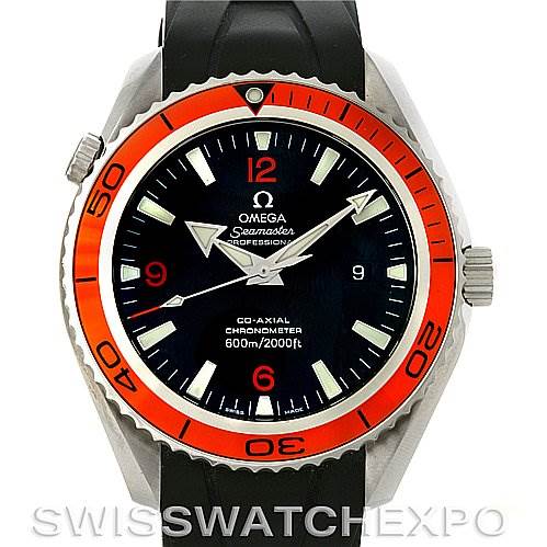 This image shows a front view of the Omega Planet Ocean 2908.50.91 Men's Stainless Steel Black Dial 2908.50.91 Men's Stainless Steel Black Dial watch with a black dial, orange bezel, and black strap.