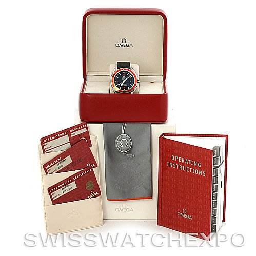 The Omega Planet Ocean 2908.50.91 Men's Stainless Steel Black Dial 2908.50.91 Men's Stainless Steel Black Dial watch is displayed in its open box, alongside the operating instructions, certificates, and accessories.