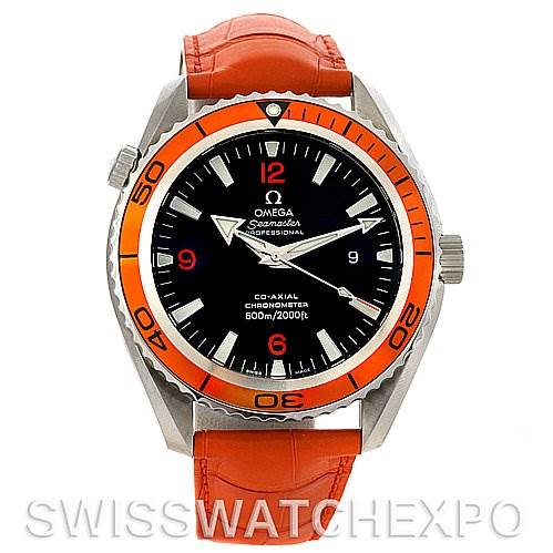 This image shows an Omega Planet Ocean 2908.50.38 Men's Stainless Steel Black Dial 2908.50.38 Men's Stainless Steel Black Dial watch from a front angle, displaying its orange bezel and strap, black dial, and markings.