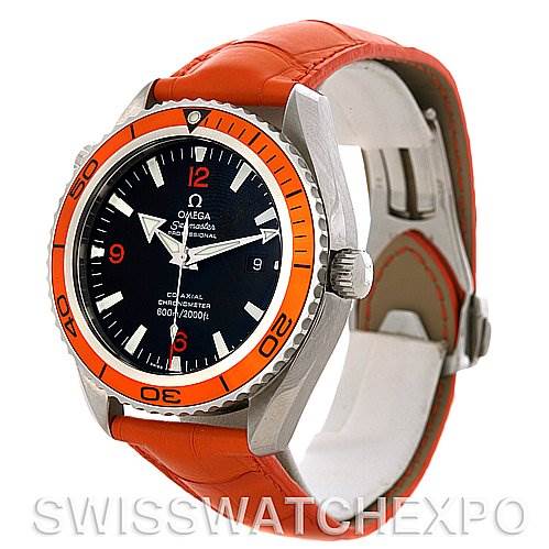 The image shows an angled view of an Omega Planet Ocean 2908.50.38 Men's Stainless Steel Black Dial 2908.50.38 Men's Stainless Steel Black Dial watch highlighting the dial, bezel, and orange strap.