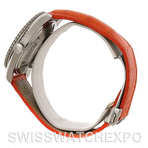 The image shows a side view of the Omega Planet Ocean 2908.50.38 Men's Stainless Steel Black Dial 2908.50.38 Men's Stainless Steel Black Dial watch with an orange leather strap.