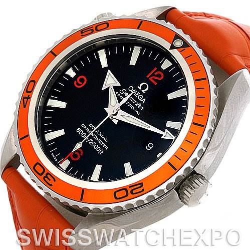 The Omega Planet Ocean 2908.50.38 Men's Stainless Steel Black Dial 2908.50.38 Men's Stainless Steel Black Dial watch is shown from a slightly angled front view, highlighting its orange bezel, black dial, and crown.