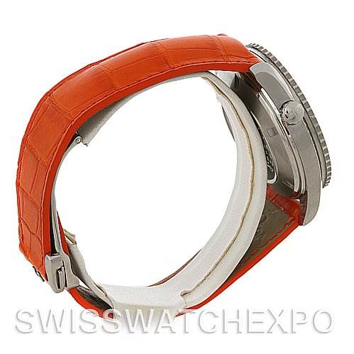 The image shows a side view of an Omega Planet Ocean 2908.50.38 Men's Stainless Steel Black Dial 2908.50.38 Men's Stainless Steel Black Dial watch with an orange strap and part of the case and crown visible.