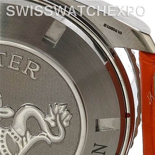 The image shows the case back and part of the strap of the Omega Planet Ocean 2908.50.38 Men's Stainless Steel Black Dial 2908.50.38 Men's Stainless Steel Black Dial watch, highlighting the engraved design and an orange strap.