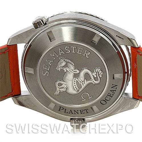 The image shows the back case of an Omega Planet Ocean 2908.50.38 Men's Stainless Steel Black Dial 2908.50.38 Men's Stainless Steel Black Dial watch, featuring the Seamaster emblem and engravings.