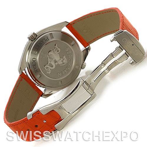 The image shows the back case and clasp of an Omega Planet Ocean 2908.50.38 Men's Stainless Steel Black Dial 2908.50.38 Men's Stainless Steel Black Dial watch with an orange strap.