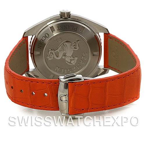 The image shows the back view of an Omega Planet Ocean 2908.50.38 Men's Stainless Steel Black Dial 2908.50.38 Men's Stainless Steel Black Dial watch with an orange leather strap and the clasp buckle visible.