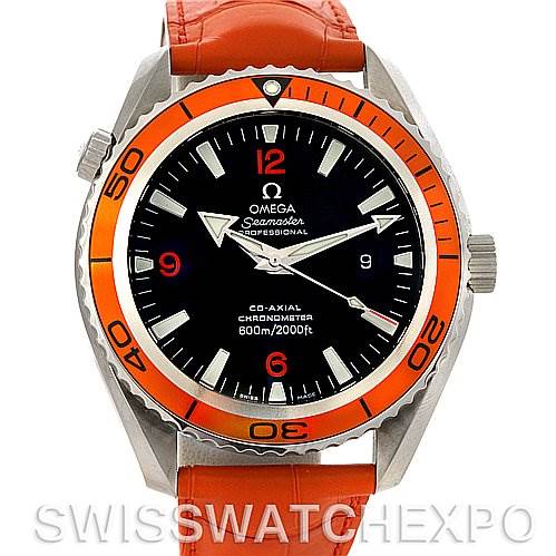 The image shows a front view of an Omega Planet Ocean 2908.50.38 Men's Stainless Steel Black Dial 2908.50.38 Men's Stainless Steel Black Dial Seamaster watch with an orange bezel and strap.