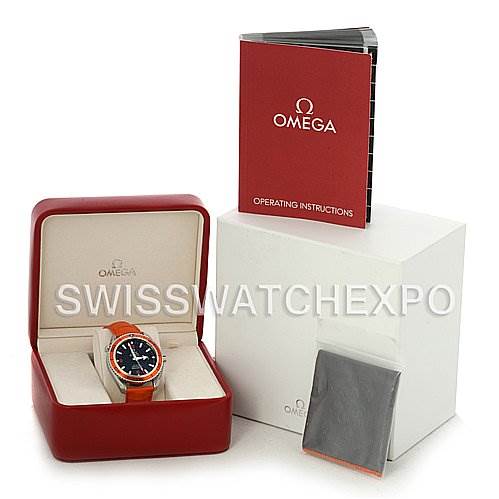 The image shows an Omega Planet Ocean 2908.50.38 Men's Stainless Steel Black Dial 2908.50.38 Men's Stainless Steel Black Dial watch in a box with an instruction booklet and outer packaging.