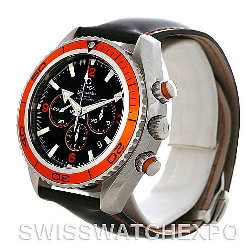 The Omega Planet Ocean 2918.50.82 Men's Stainless Steel Black Dial 2918.50.82 Men's Stainless Steel Black Dial watch is shown at an angle highlighting the face, bezel, crown, pushers, and a portion of the strap.