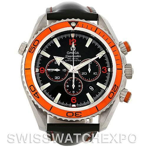 The image shows a front view of an Omega Planet Ocean 2918.50.82 Men's Stainless Steel Black Dial 2918.50.82 Men's Stainless Steel Black Dial watch, highlighting the bezel, dial, and crown.