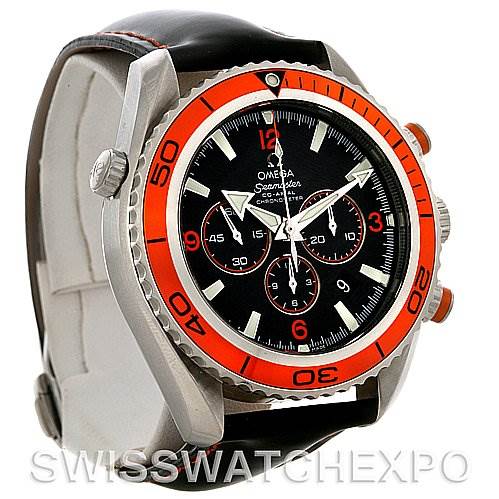 The image shows an Omega Planet Ocean 2918.50.82 Men's Stainless Steel Black Dial 2918.50.82 Men's Stainless Steel Black Dial watch from a front-left angle, highlighting the orange bezel, black dial, and chronograph pushers.