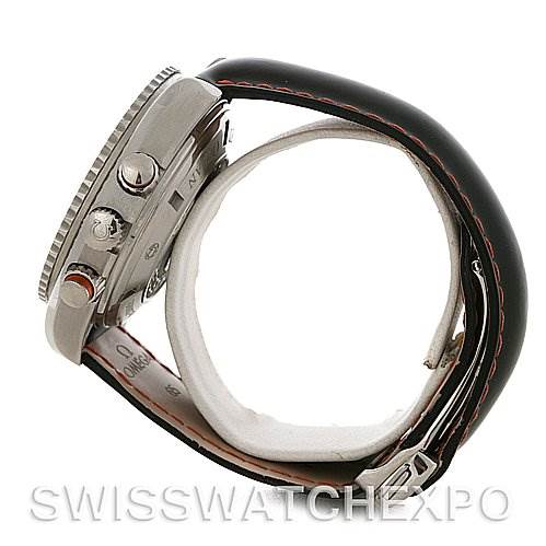 The image shows a side view of the Omega Planet Ocean 2918.50.82 Men's Stainless Steel Black Dial 2918.50.82 Men's Stainless Steel Black Dial watch, highlighting the case, crown, and strap.